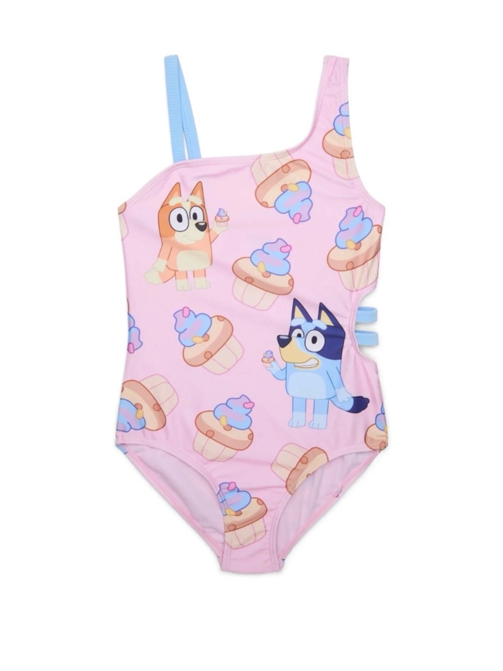 Girls' Pink One-Shoulder Cartoon Cupcake Swim Suit